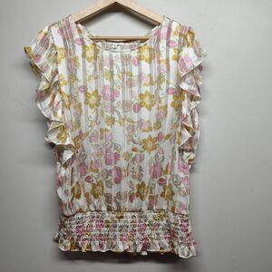 Pleione Blouse Top Women Size L White Satin Floral Sheer Ruffle Spring Romantic